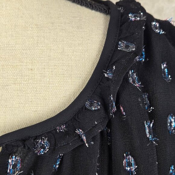LOFT Size Small Black Blouse Metallic Pattern Sheer Overlay Statement Sleeves - Picture 5 of 13